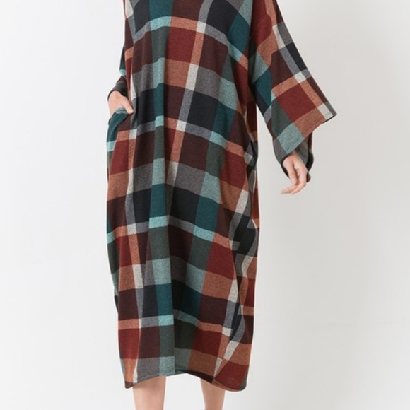 New Fall Minimalist Plaid Kimono Caftan Oversized Dress Large - Picture 3 of 4